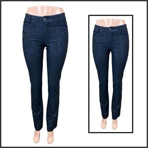 Cache Mid Ride Skinny Blue With Black Lace Pattern Stretch Denim $198